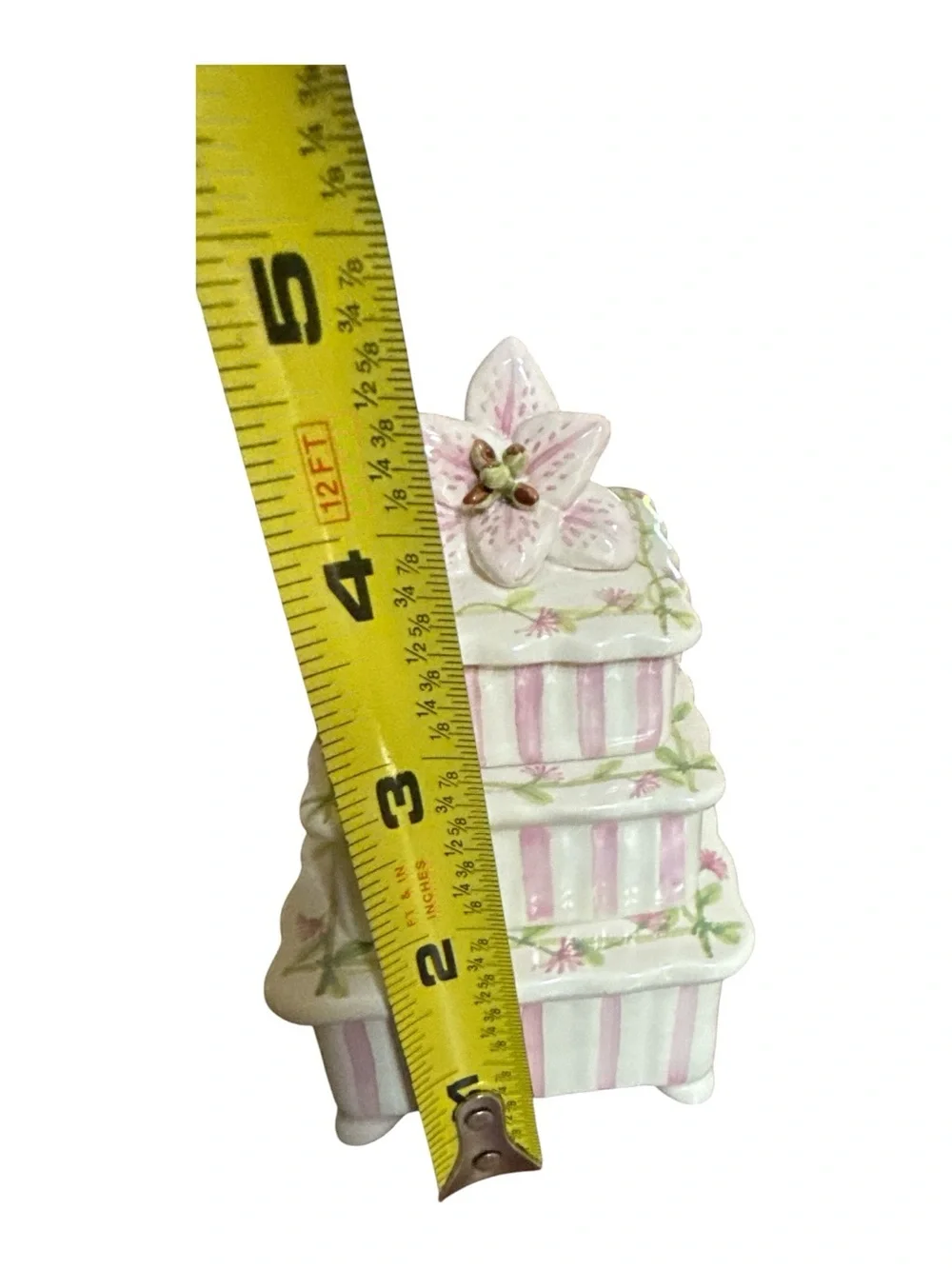 Khim Vintage Porcelain Stacking Trinket Box Pink Stripe Floral Lily Finial